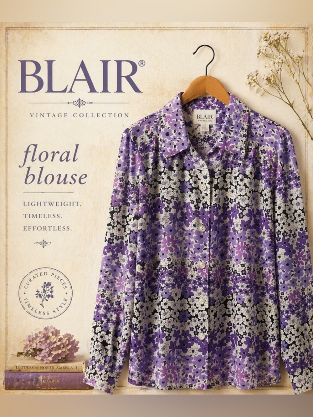 Blair Purple Floral Button Front Blouse Medium Lightweight Retro Style